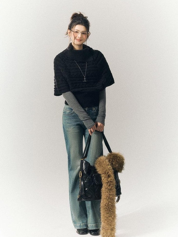 SereneEase Relaxed Cable Knit Cape Turndown Collar Women's Wool Blend Turtleneck Sweaters
