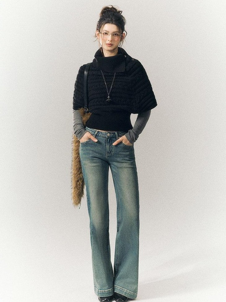 SereneEase Relaxed Cable Knit Cape Turndown Collar Women's Wool Blend Turtleneck Sweaters