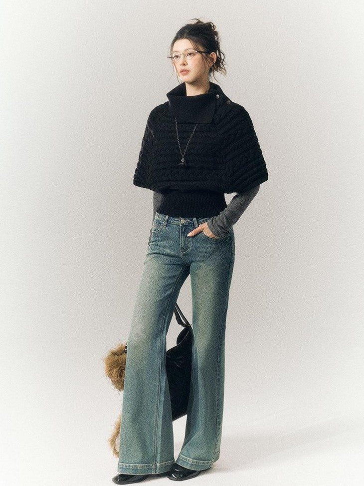 SereneEase Relaxed Cable Knit Cape Turndown Collar Women's Wool Blend Turtleneck Sweaters