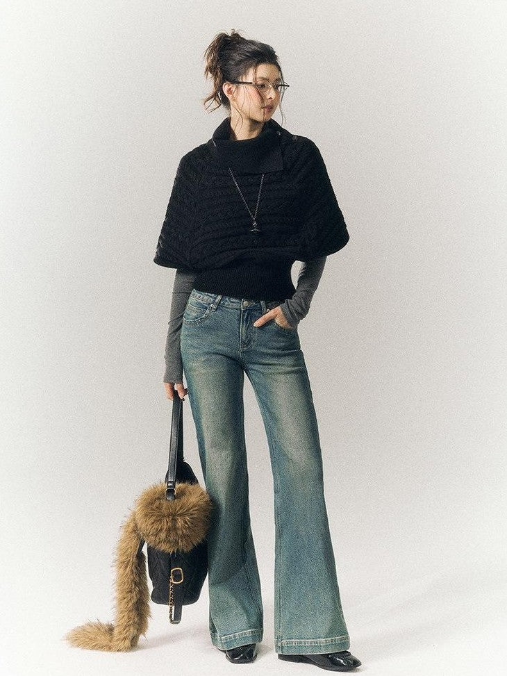 SereneEase Relaxed Cable Knit Cape Turndown Collar Women's Wool Blend Turtleneck Sweaters