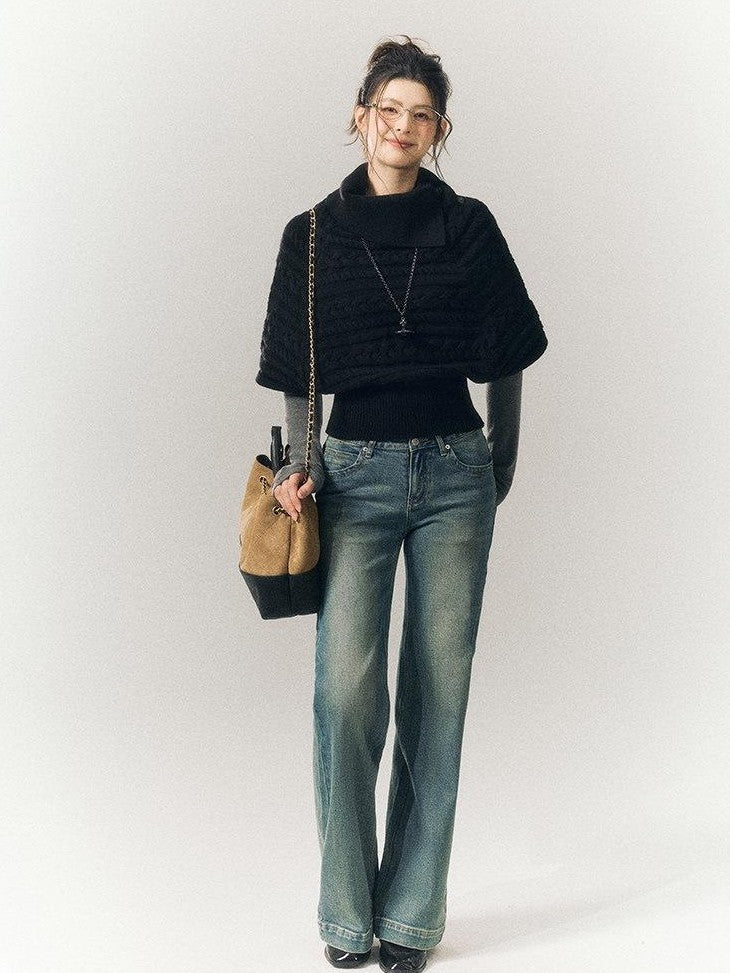 SereneEase Relaxed Cable Knit Cape Turndown Collar Women's Wool Blend Turtleneck Sweaters