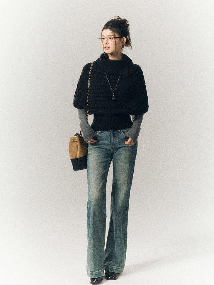 SereneEase Relaxed Cable Knit Cape Turndown Collar Women's Wool Blend Turtleneck Sweaters
