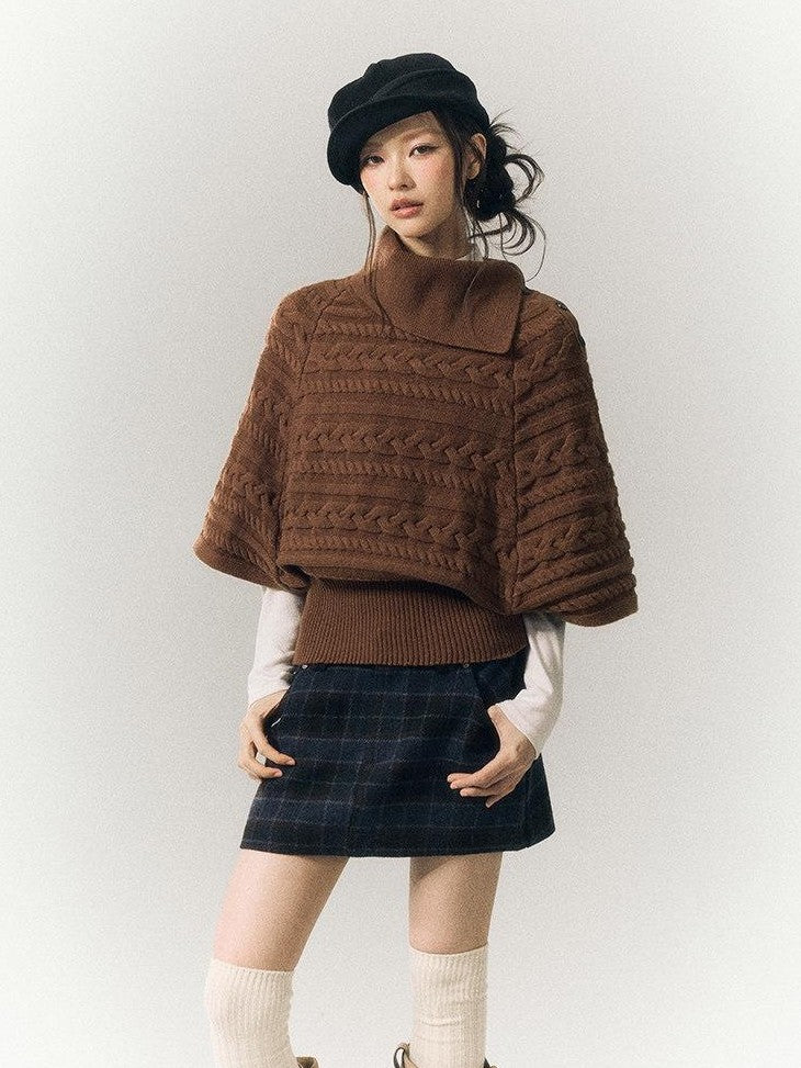 SereneEase Relaxed Cable Knit Cape Turndown Collar Women's Wool Blend Turtleneck Sweaters