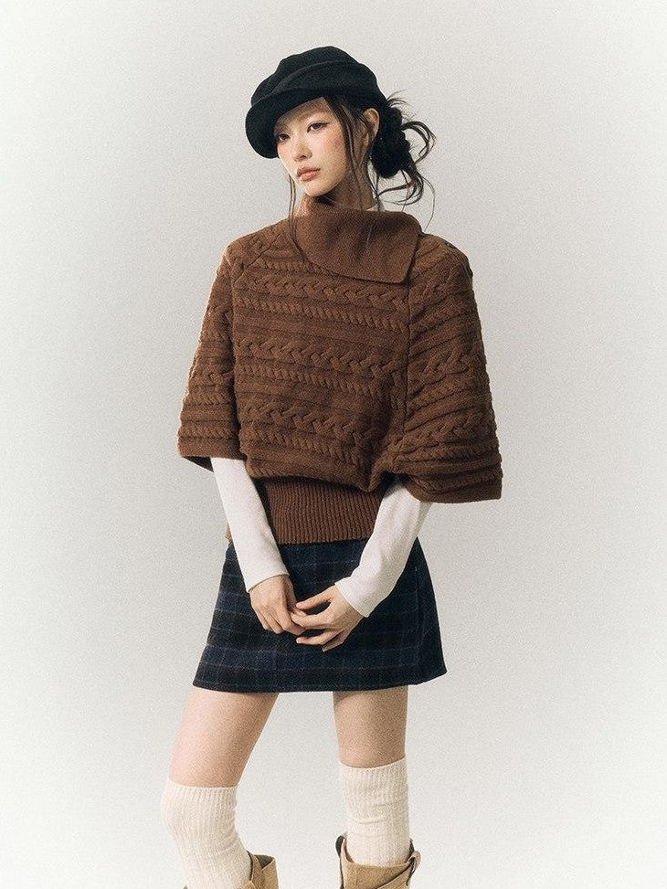 SereneEase Relaxed Cable Knit Cape Turndown Collar Women's Wool Blend Turtleneck Sweaters