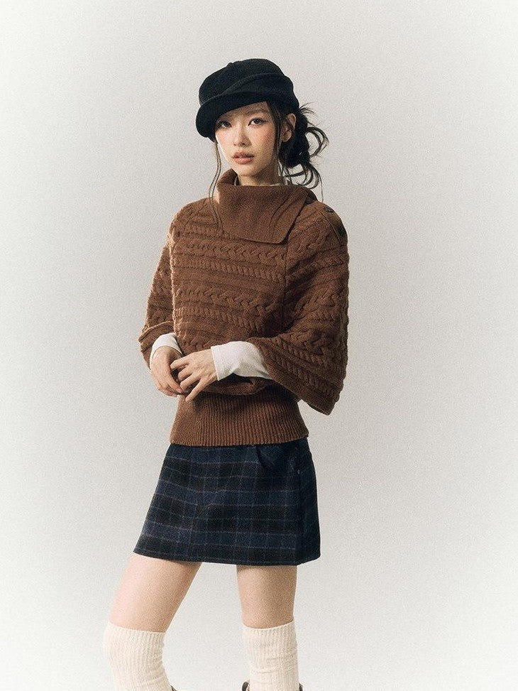 SereneEase Relaxed Cable Knit Cape Turndown Collar Women's Wool Blend Turtleneck Sweaters