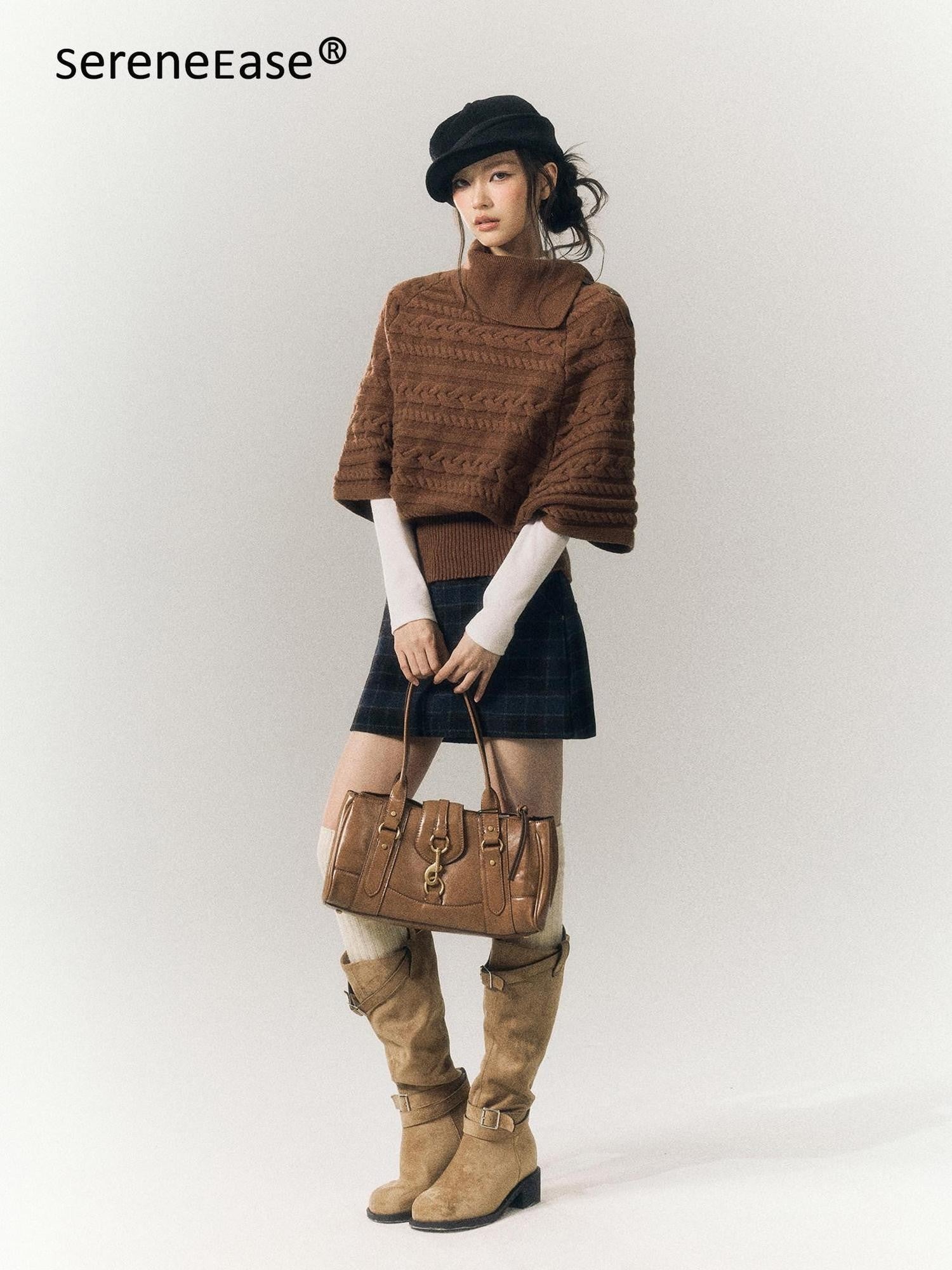 SereneEase Relaxed Cable Knit Cape Turndown Collar Women's Wool Blend Turtleneck Sweaters