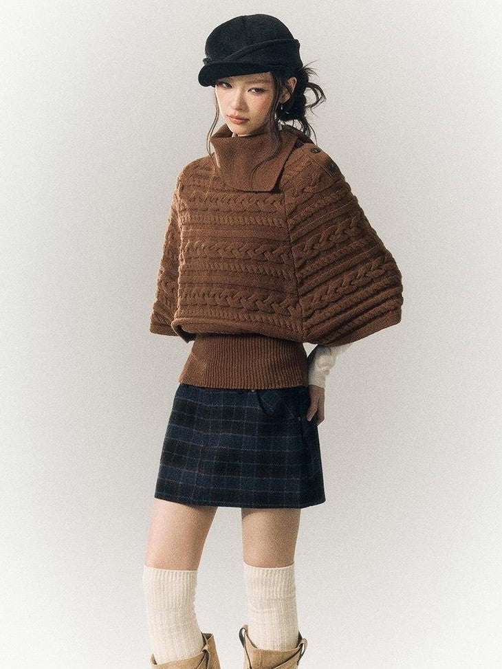 SereneEase Relaxed Cable Knit Cape Turndown Collar Women's Wool Blend Turtleneck Sweaters