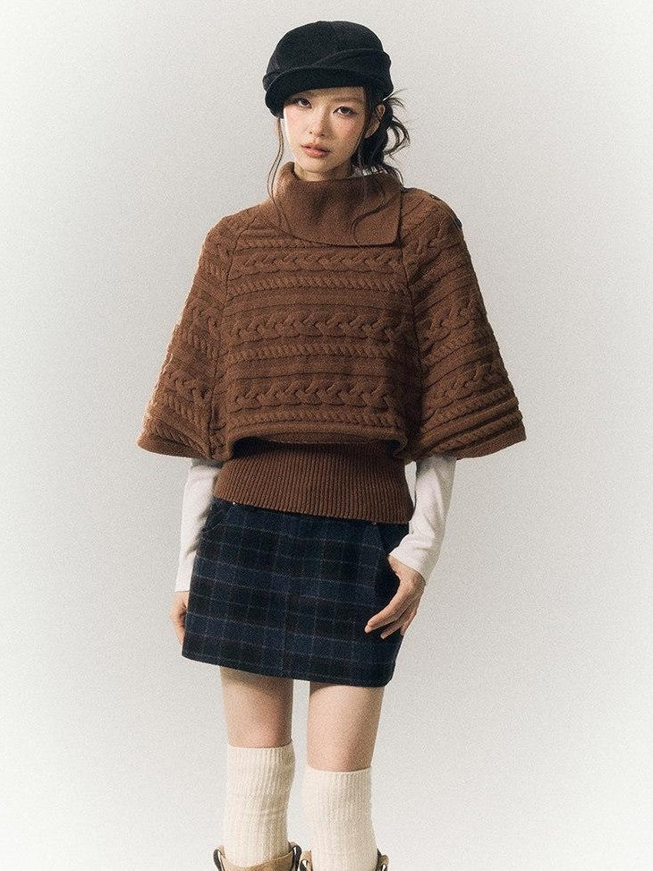 SereneEase Relaxed Cable Knit Cape Turndown Collar Women's Wool Blend Turtleneck Sweaters