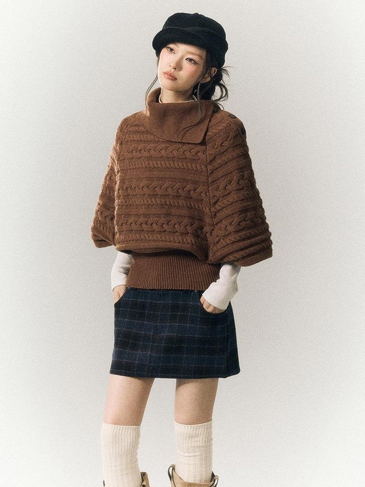SereneEase Relaxed Cable Knit Cape Turndown Collar Women's Wool Blend Turtleneck Sweaters