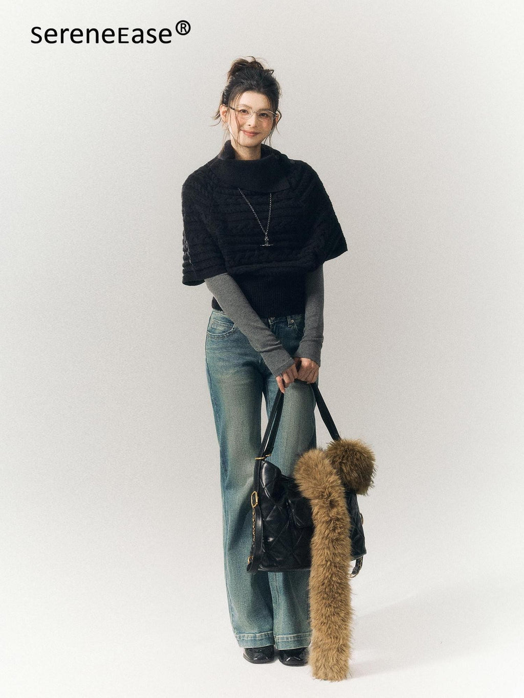SereneEase Relaxed Cable Knit Cape Turndown Collar Women's Wool Blend Turtleneck Sweaters