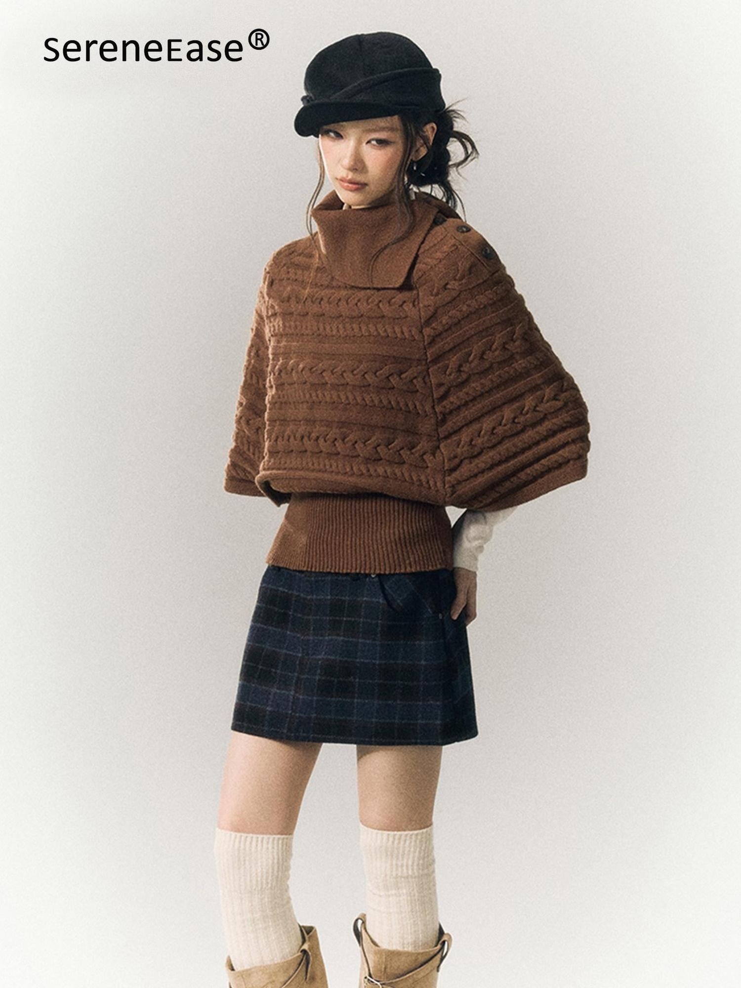 SereneEase Relaxed Cable Knit Cape Turndown Collar Women's Wool Blend Turtleneck Sweaters