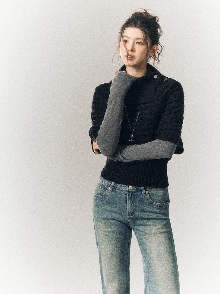 SereneEase Relaxed Cable Knit Cape Turndown Collar Women's Wool Blend Turtleneck Sweaters