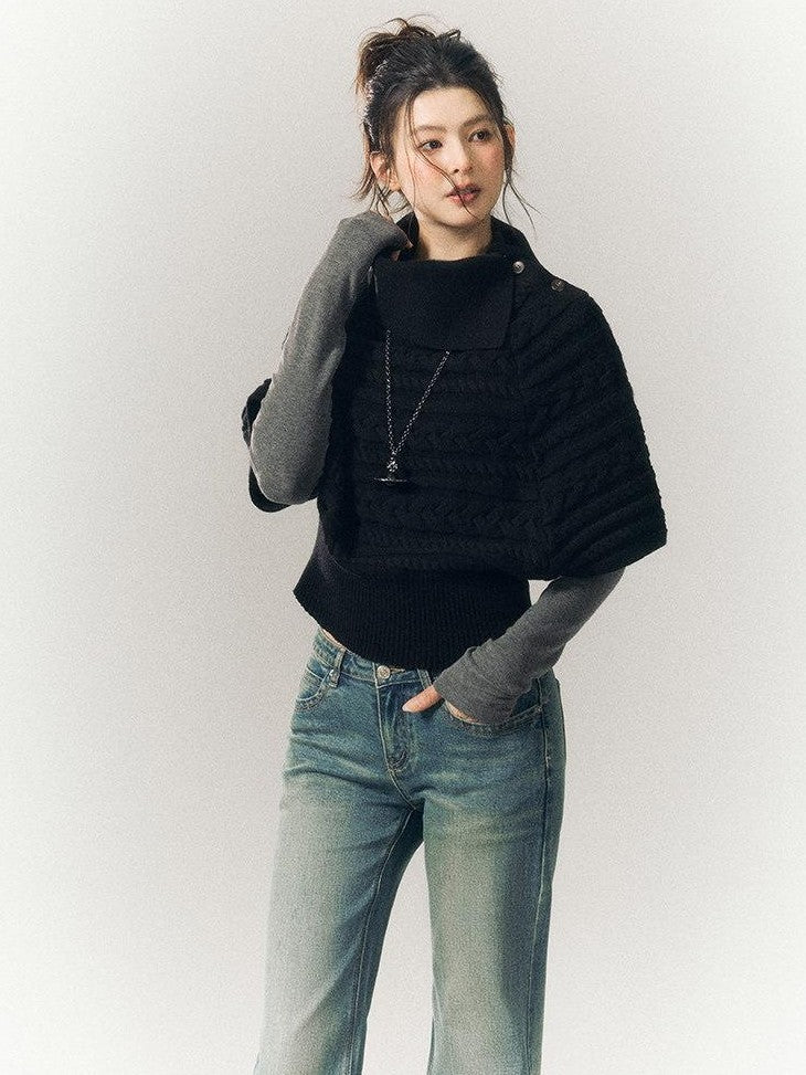 SereneEase Relaxed Cable Knit Cape Turndown Collar Women's Wool Blend Turtleneck Sweaters