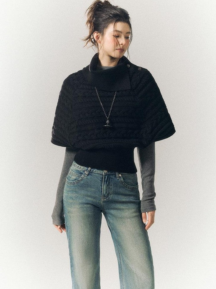 SereneEase Relaxed Cable Knit Cape Turndown Collar Women's Wool Blend Turtleneck Sweaters