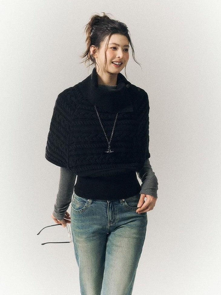 SereneEase Relaxed Cable Knit Cape Turndown Collar Women's Wool Blend Turtleneck Sweaters