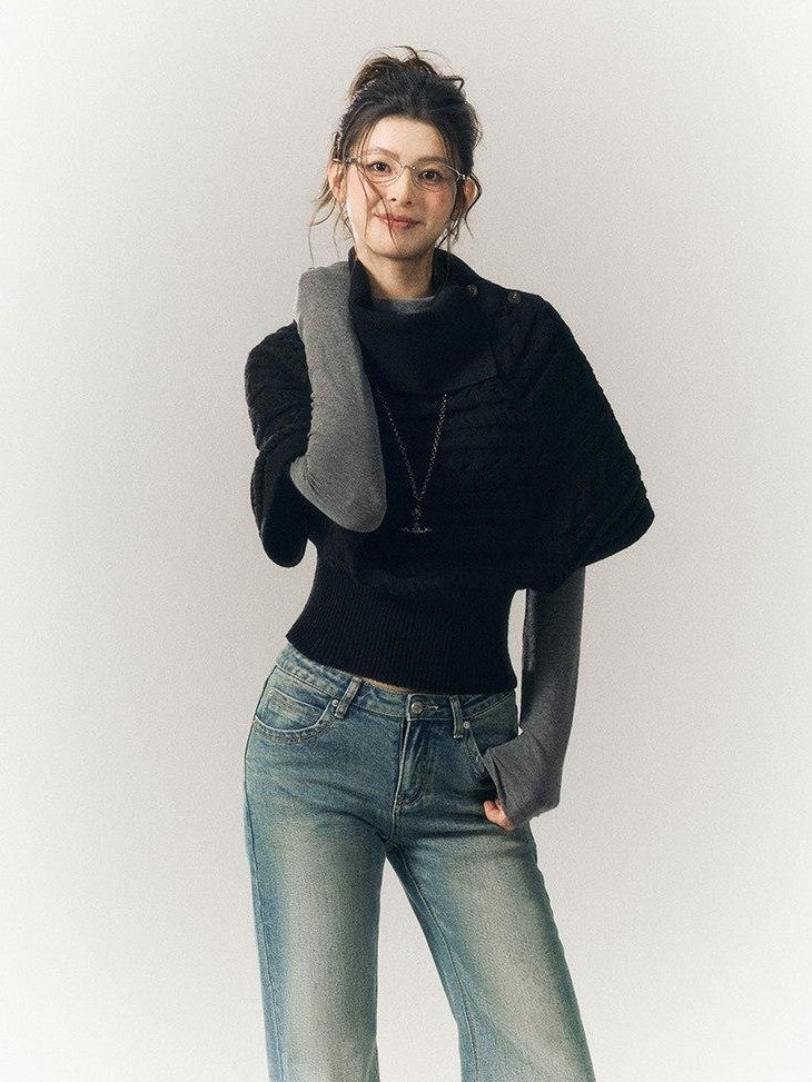 SereneEase Relaxed Cable Knit Cape Turndown Collar Women's Wool Blend Turtleneck Sweaters