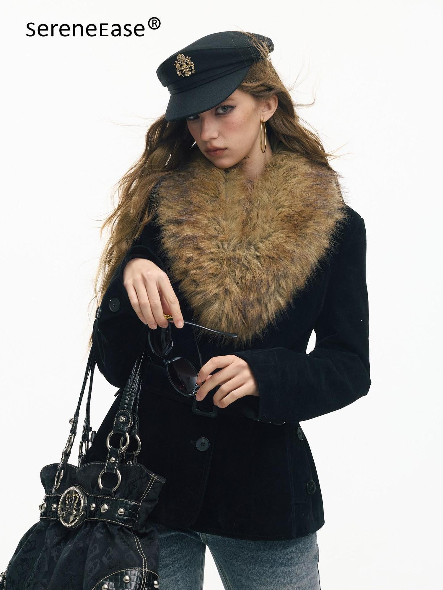 SereneEase Relaxed Large Fur Collar Belted Retro Slimming Women's Suede Puffer Jackets