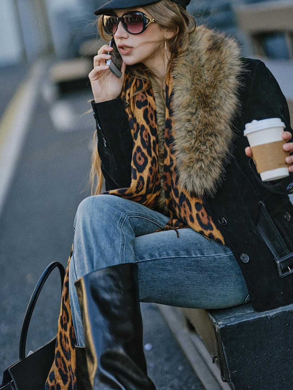 SereneEase Relaxed Large Fur Collar Belted Retro Slimming Women's Suede Puffer Jackets