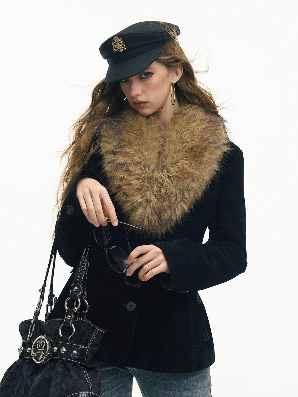 SereneEase Relaxed Large Fur Collar Belted Retro Slimming Women's Suede Puffer Jackets