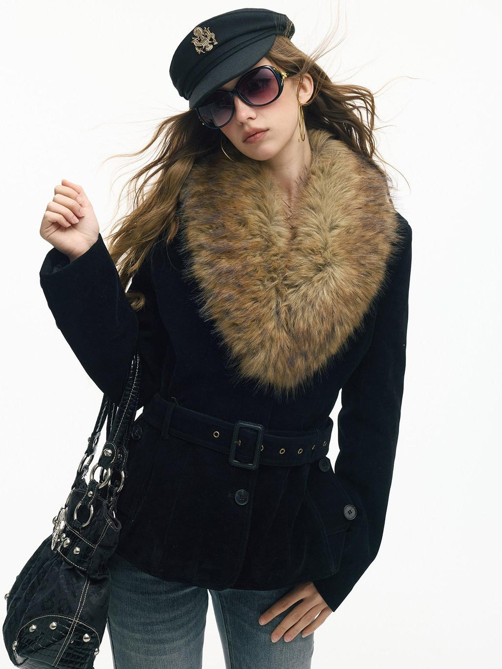 SereneEase Relaxed Large Fur Collar Belted Retro Slimming Women's Suede Puffer Jackets