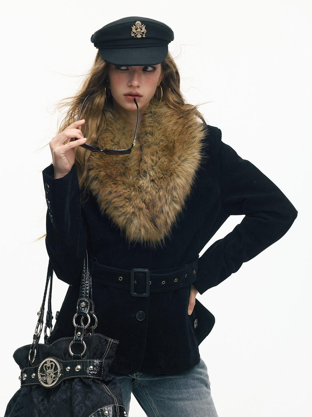 SereneEase Relaxed Large Fur Collar Belted Retro Slimming Women's Suede Puffer Jackets