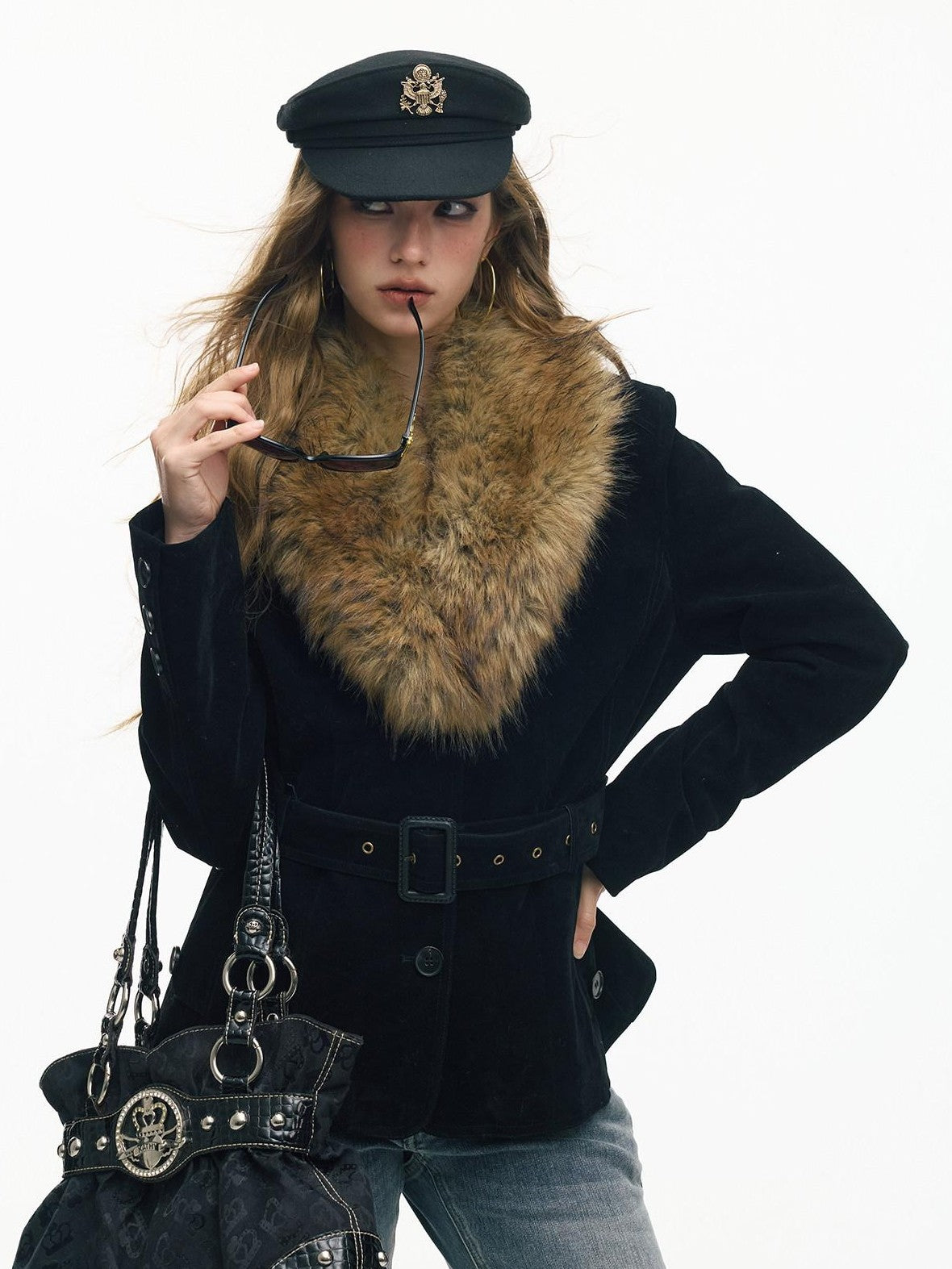 SereneEase Relaxed Large Fur Collar Belted Retro Slimming Women's Suede Puffer Jackets
