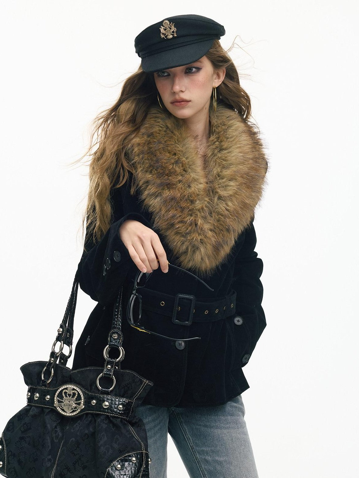 SereneEase Relaxed Large Fur Collar Belted Retro Slimming Women's Suede Puffer Jackets