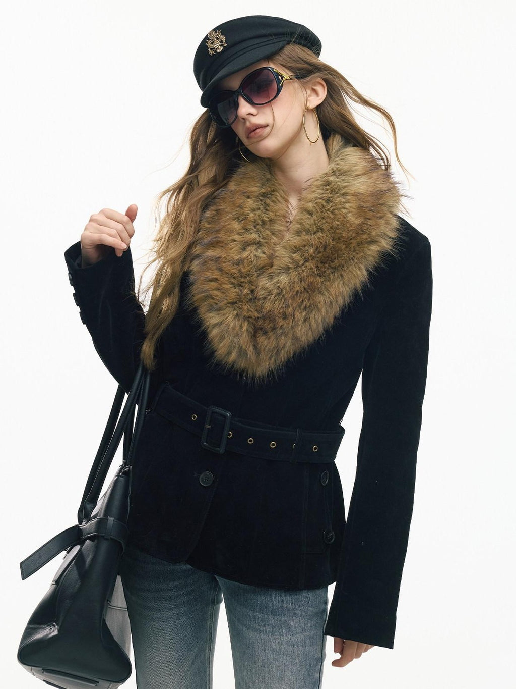SereneEase Relaxed Large Fur Collar Belted Retro Slimming Women's Suede Puffer Jackets