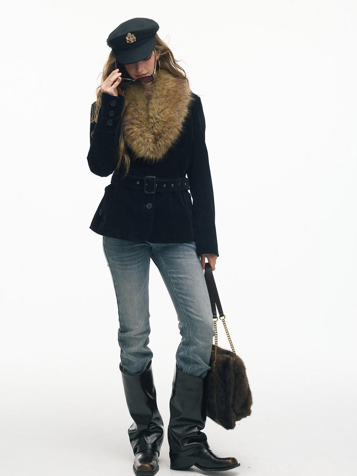 SereneEase Relaxed Large Fur Collar Belted Retro Slimming Women's Suede Puffer Jackets