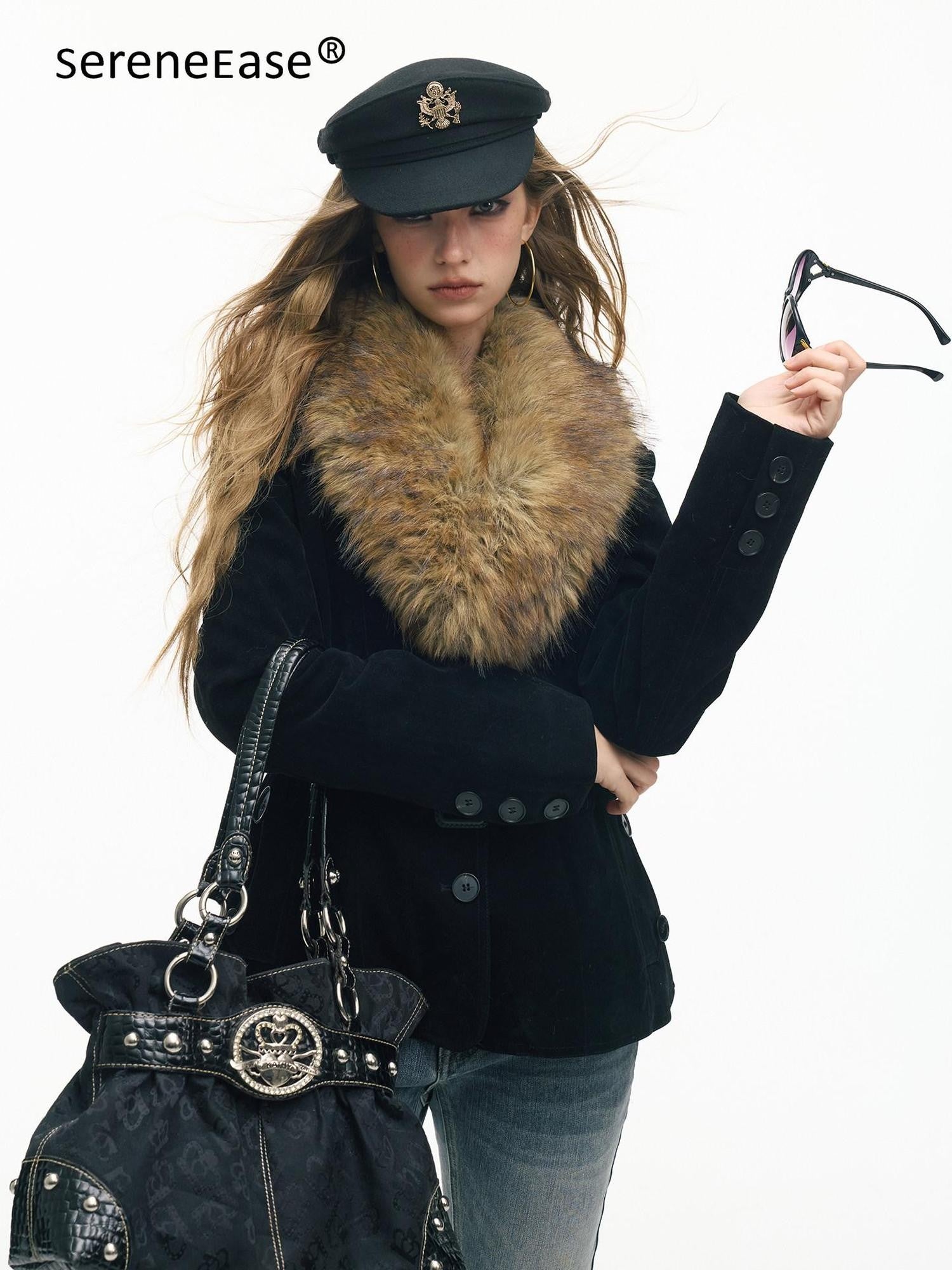 SereneEase Relaxed Large Fur Collar Belted Retro Slimming Women's Suede Puffer Jackets