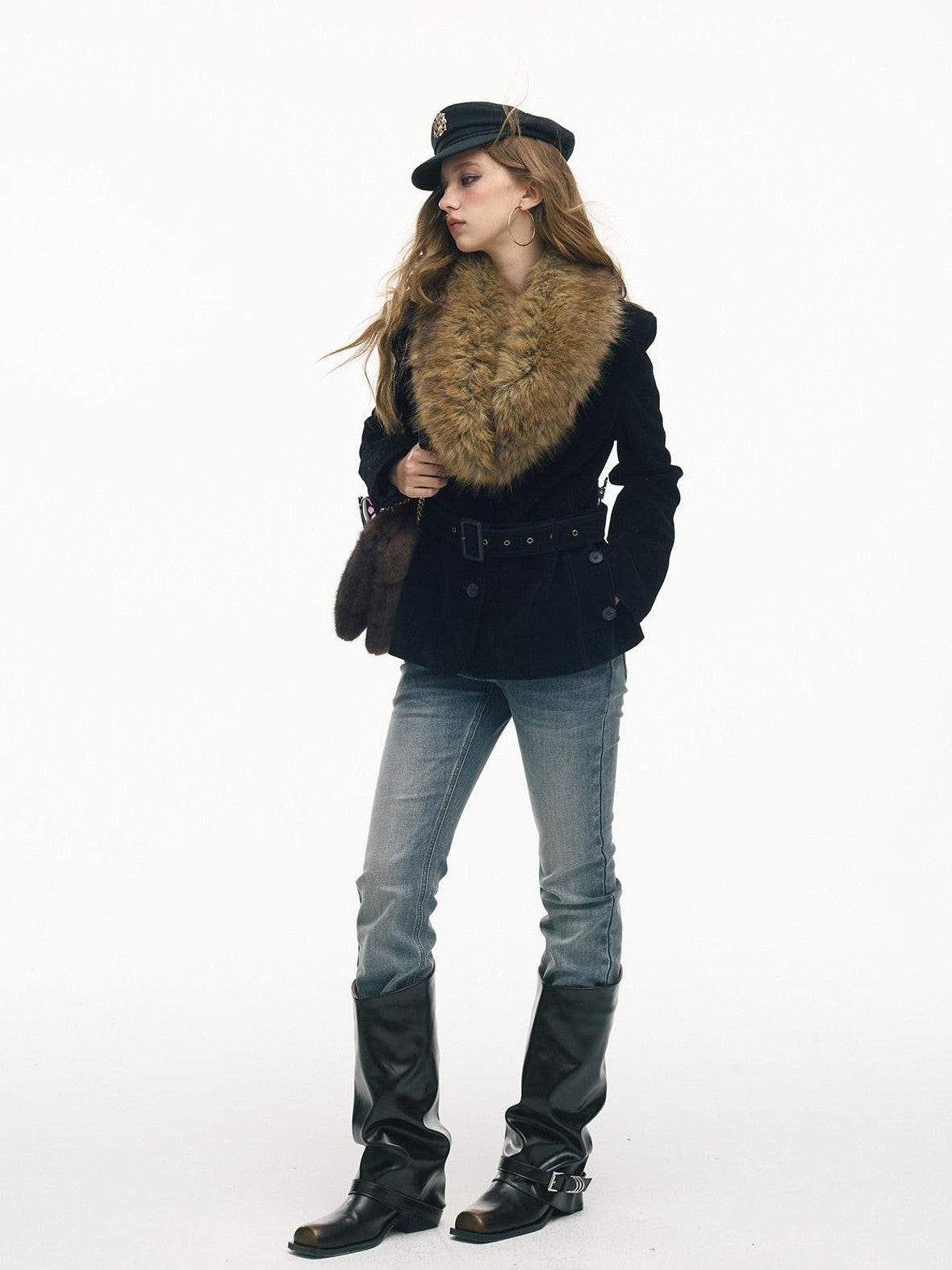 SereneEase Relaxed Large Fur Collar Belted Retro Slimming Women's Suede Puffer Jackets