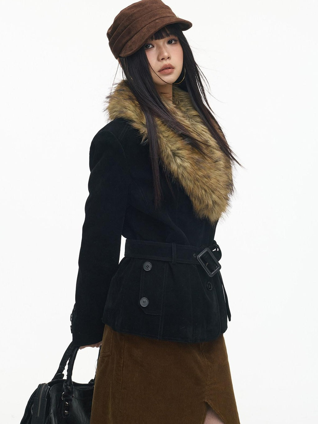 SereneEase Relaxed Large Fur Collar Belted Retro Slimming Women's Suede Puffer Jackets