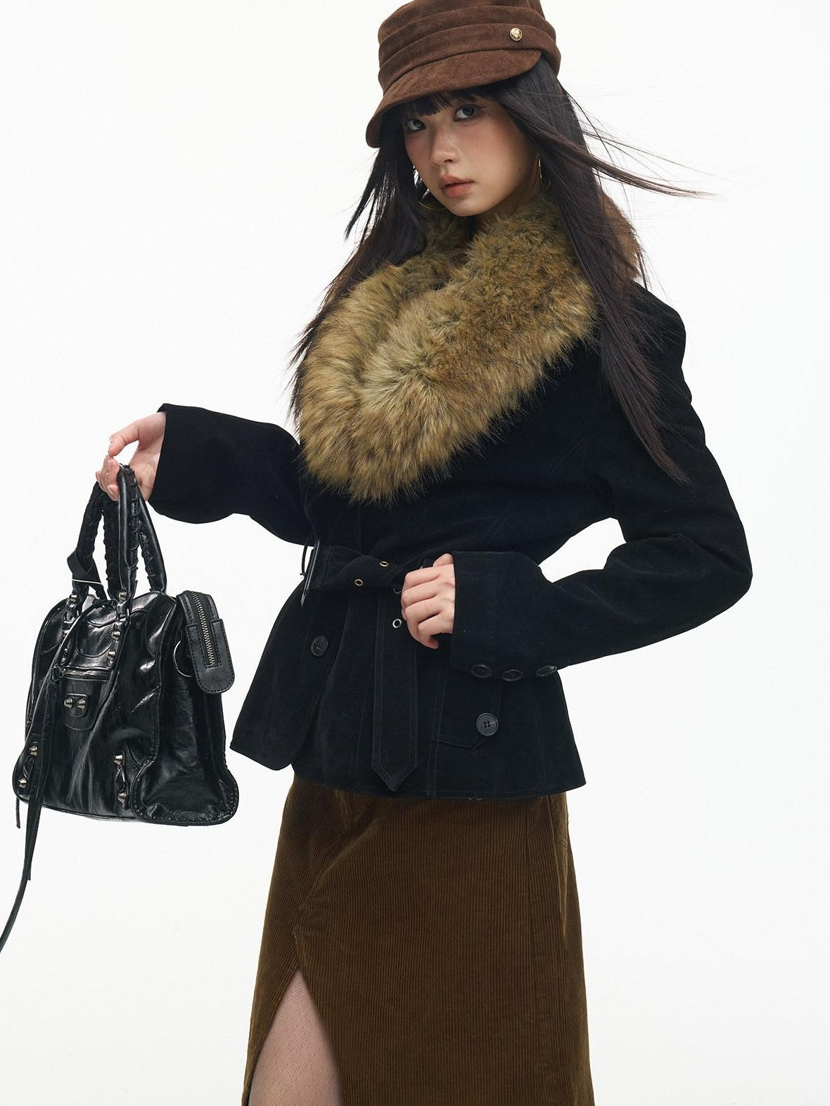 SereneEase Relaxed Large Fur Collar Belted Retro Slimming Women's Suede Puffer Jackets