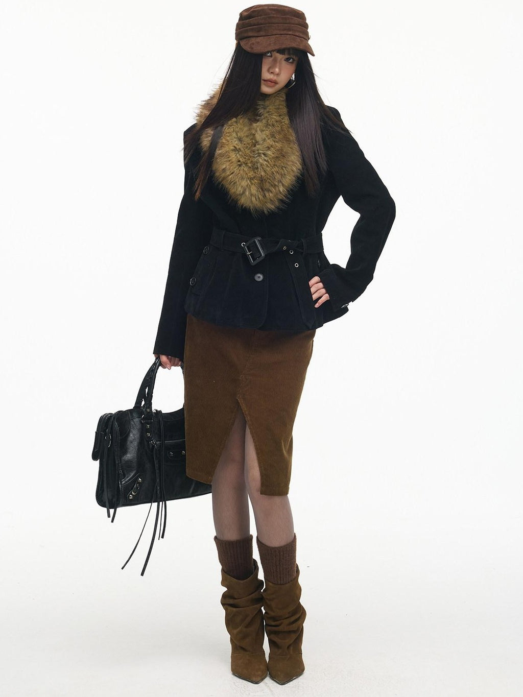 SereneEase Relaxed Large Fur Collar Belted Retro Slimming Women's Suede Puffer Jackets