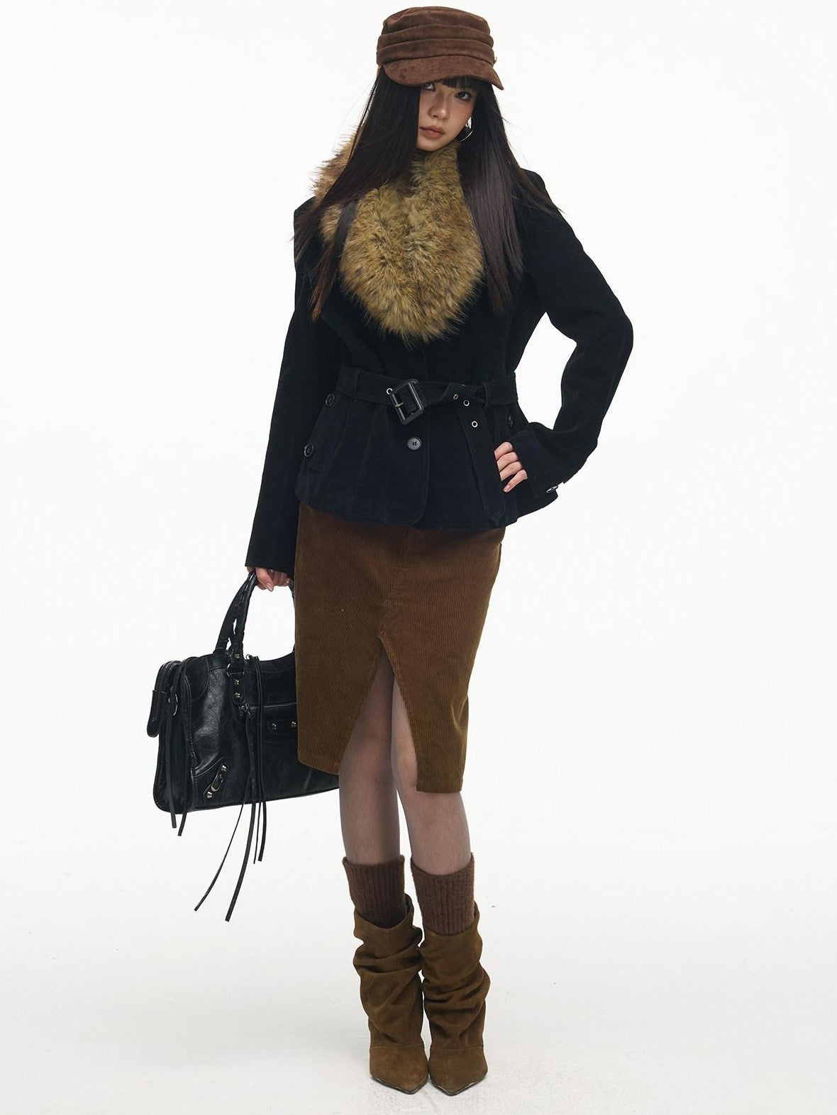 SereneEase Relaxed Large Fur Collar Belted Retro Slimming Women's Suede Puffer Jackets