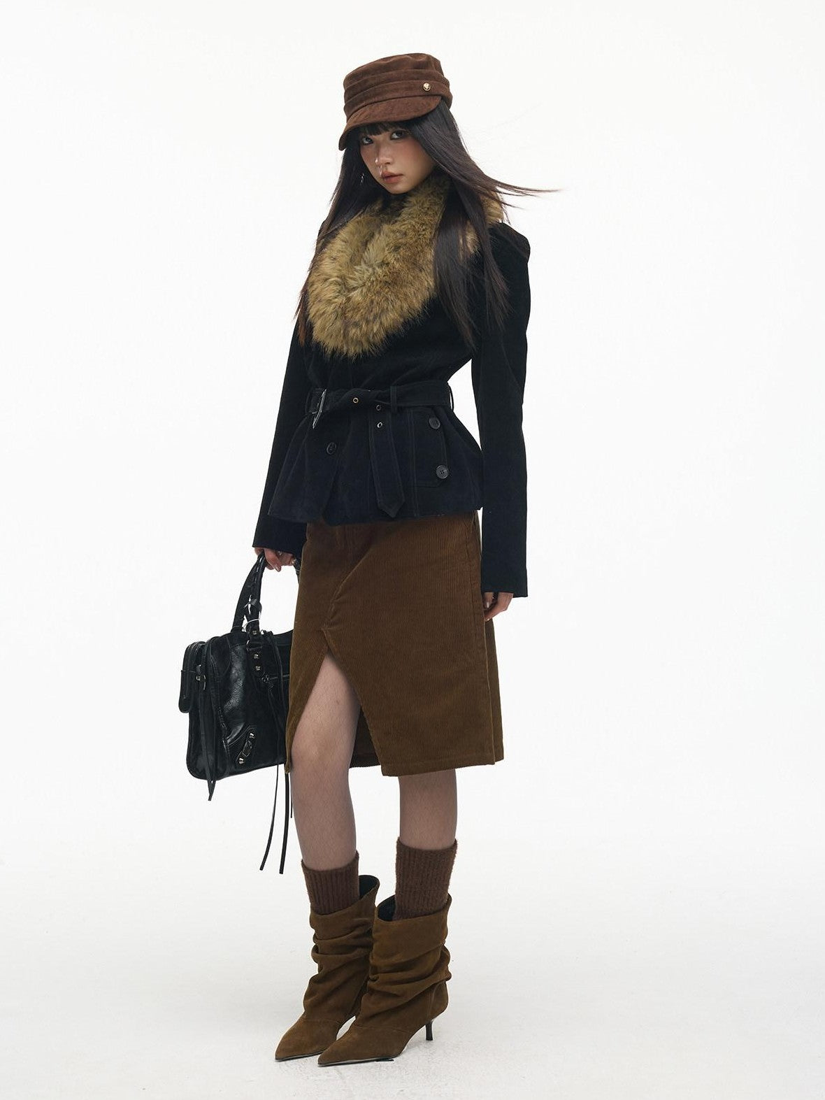 SereneEase Relaxed Large Fur Collar Belted Retro Slimming Women's Suede Puffer Jackets