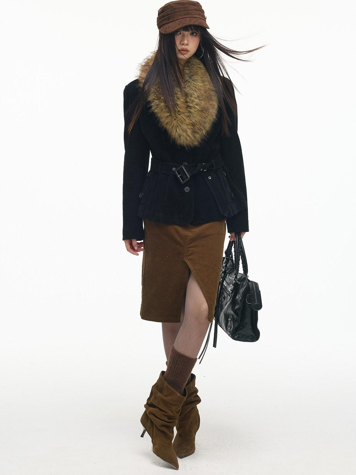 SereneEase Relaxed Large Fur Collar Belted Retro Slimming Women's Suede Puffer Jackets