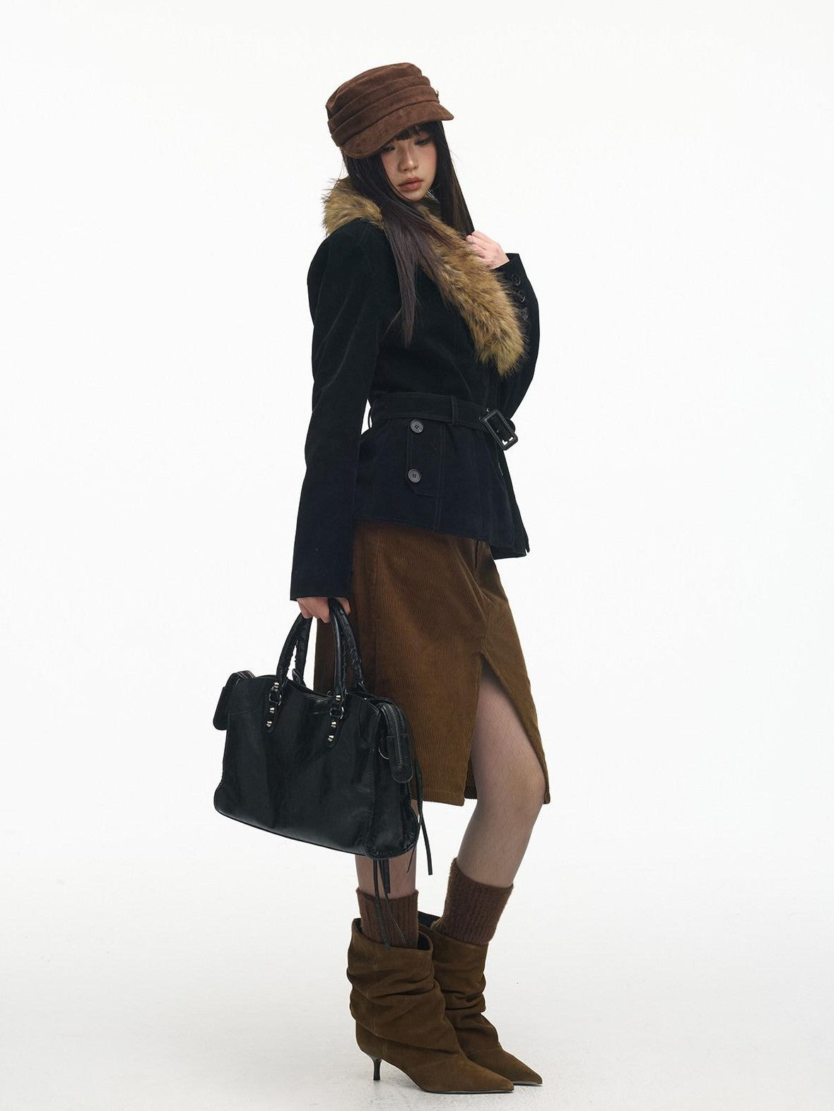 SereneEase Relaxed Large Fur Collar Belted Retro Slimming Women's Suede Puffer Jackets