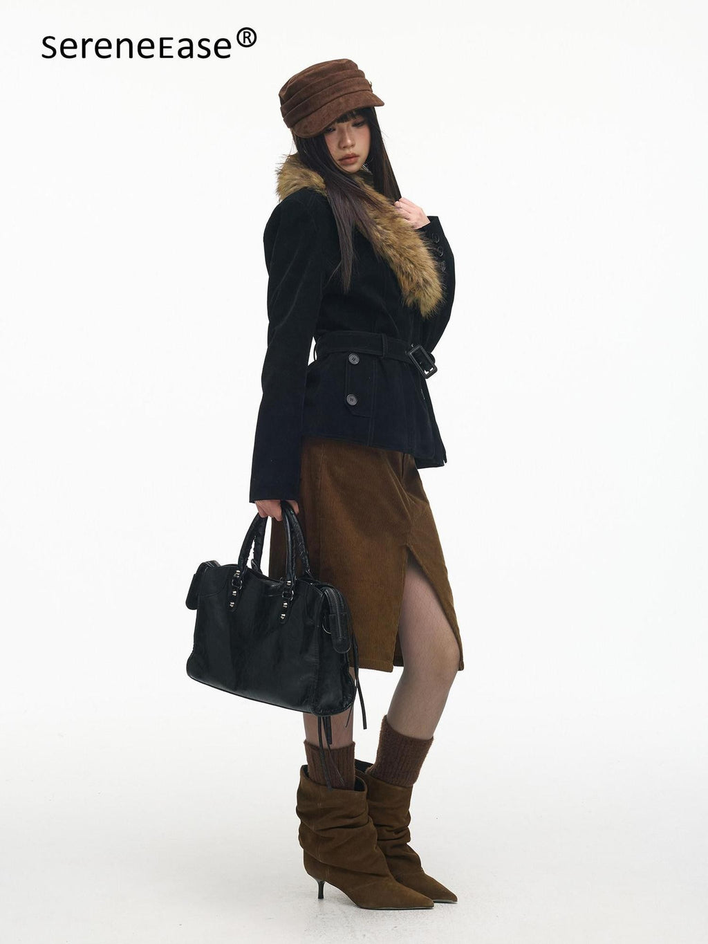 SereneEase Relaxed Large Fur Collar Belted Retro Slimming Women's Suede Puffer Jackets