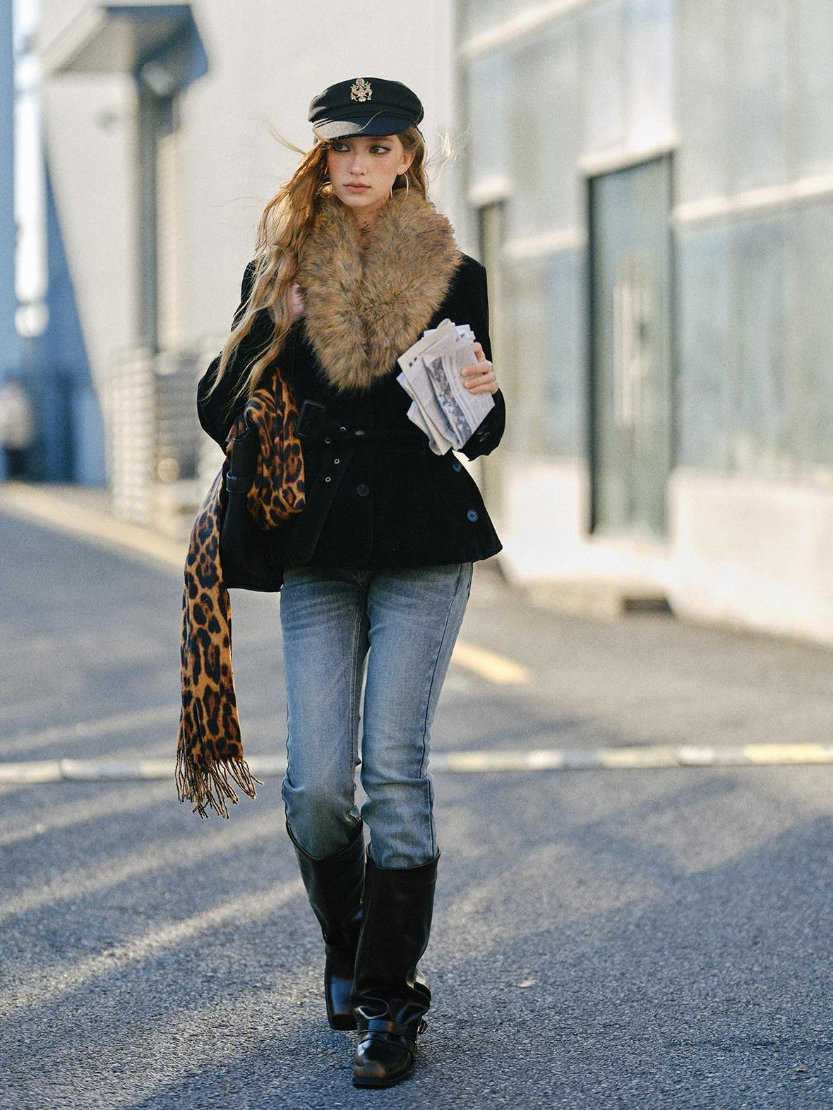 SereneEase Relaxed Large Fur Collar Belted Retro Slimming Women's Suede Puffer Jackets