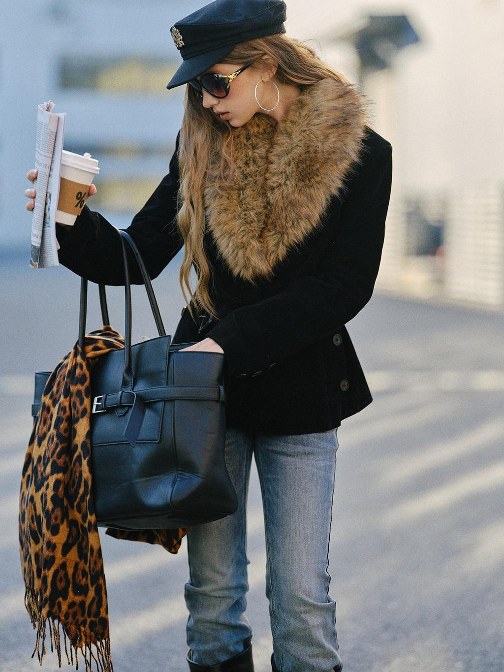 SereneEase Relaxed Large Fur Collar Belted Retro Slimming Women's Suede Puffer Jackets