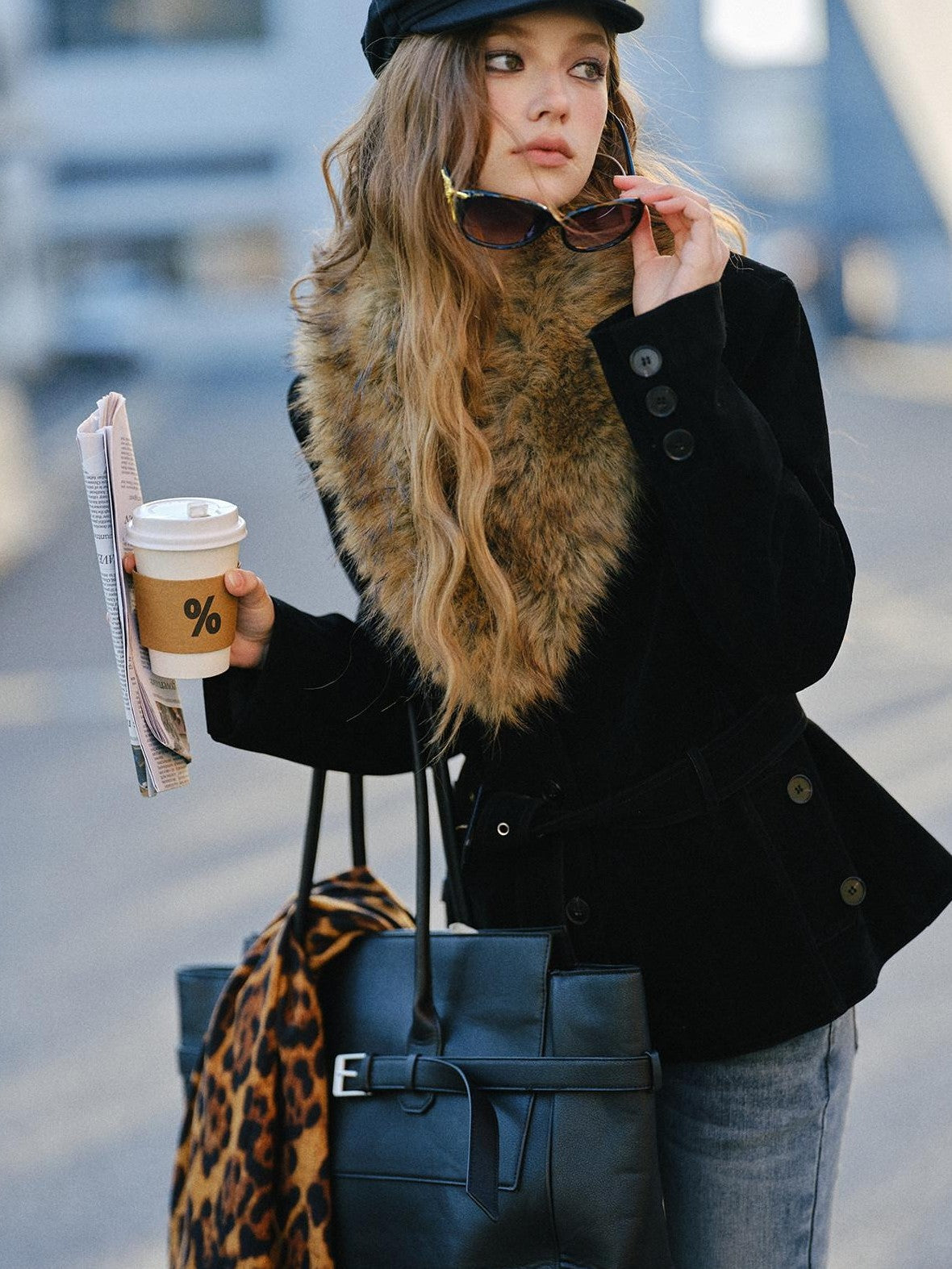 SereneEase Relaxed Large Fur Collar Belted Retro Slimming Women's Suede Puffer Jackets