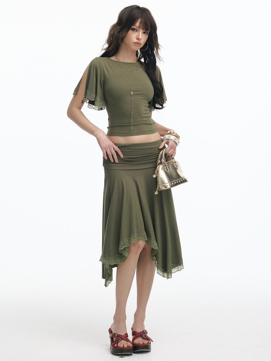 SereneEase Retro Green Lace Spliced Irregular Hem Women's Short Sleeve Matching Skirt Sets