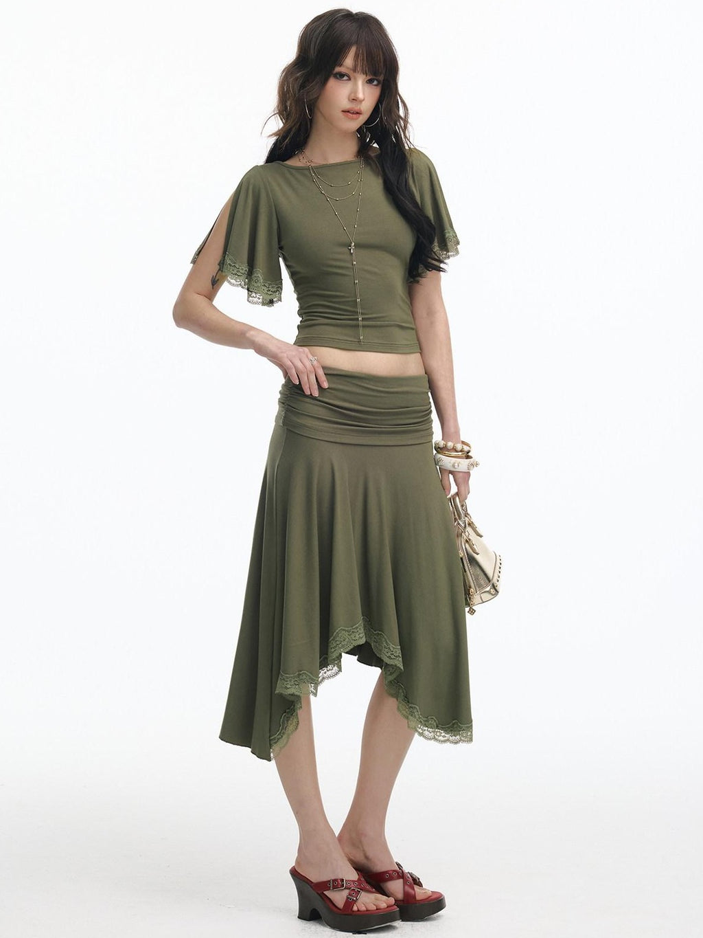 SereneEase Retro Green Lace Spliced Irregular Hem Women's Short Sleeve Matching Skirt Sets