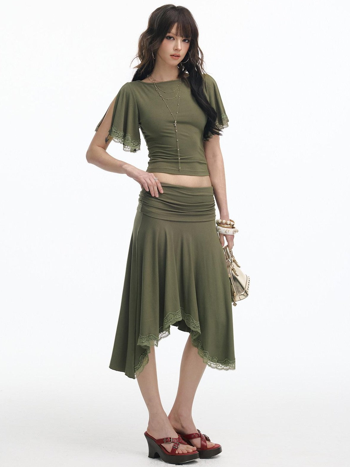 SereneEase Retro Green Lace Spliced Irregular Hem Women's Short Sleeve Matching Skirt Sets