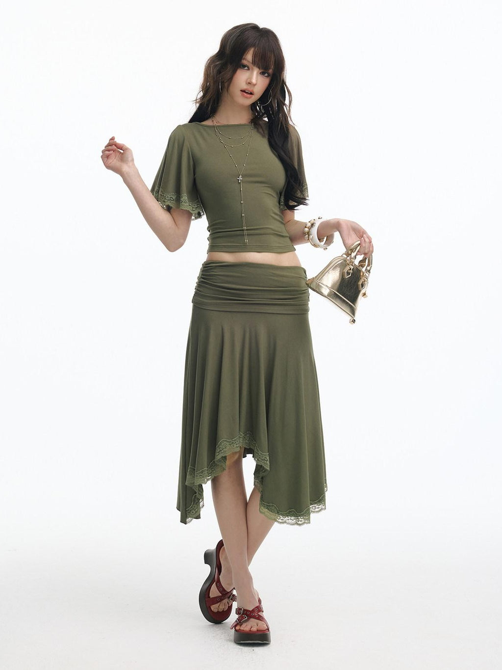 SereneEase Retro Green Lace Spliced Irregular Hem Women's Short Sleeve Matching Skirt Sets