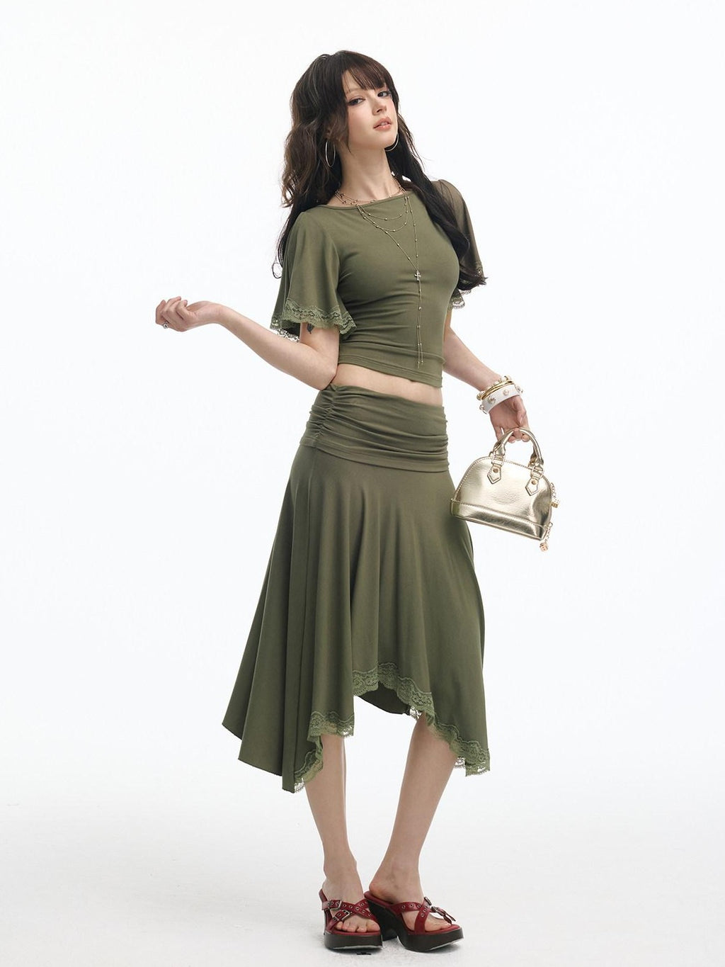SereneEase Retro Green Lace Spliced Irregular Hem Women's Short Sleeve Matching Skirt Sets