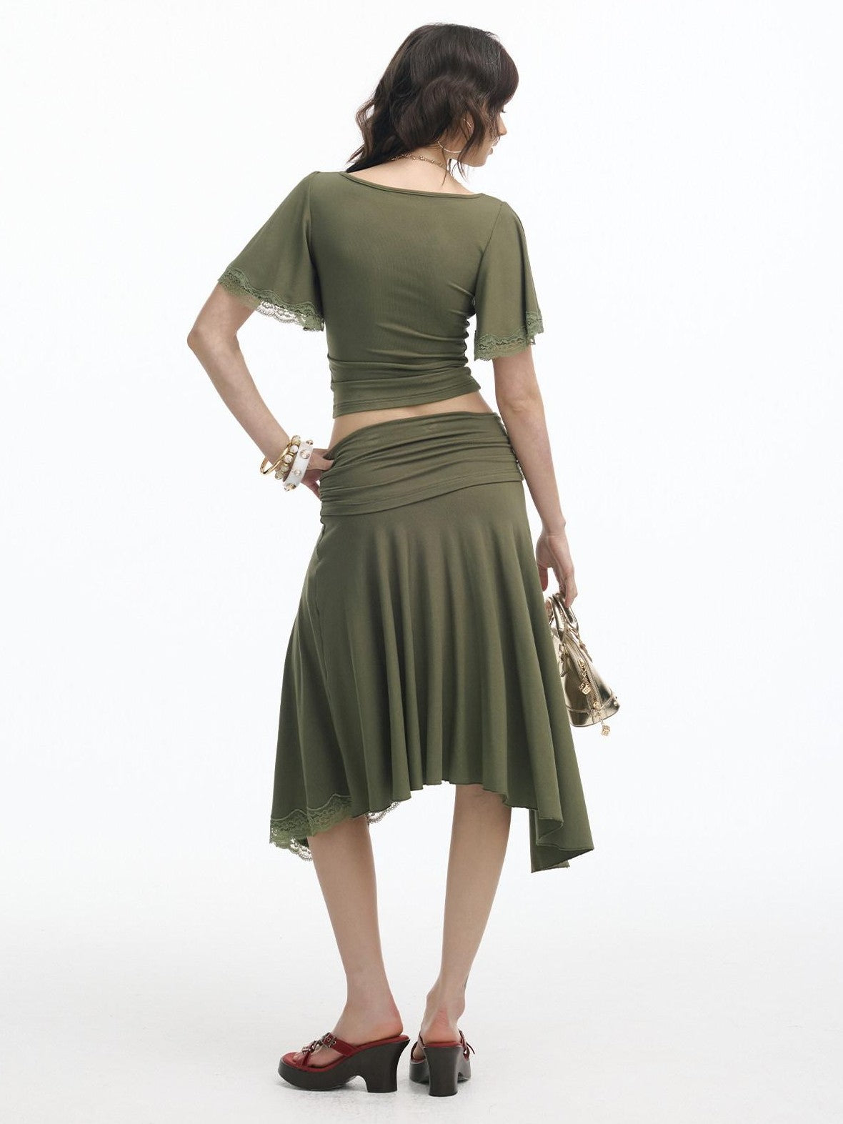 SereneEase Retro Green Lace Spliced Irregular Hem Women's Short Sleeve Matching Skirt Sets