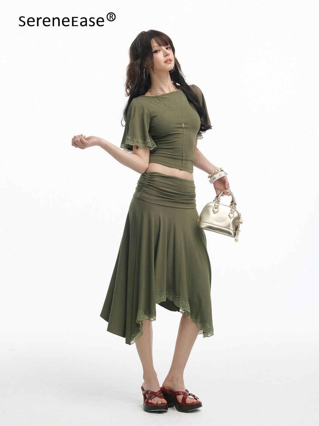 SereneEase Retro Green Lace Spliced Irregular Hem Women's Short Sleeve Matching Skirt Sets