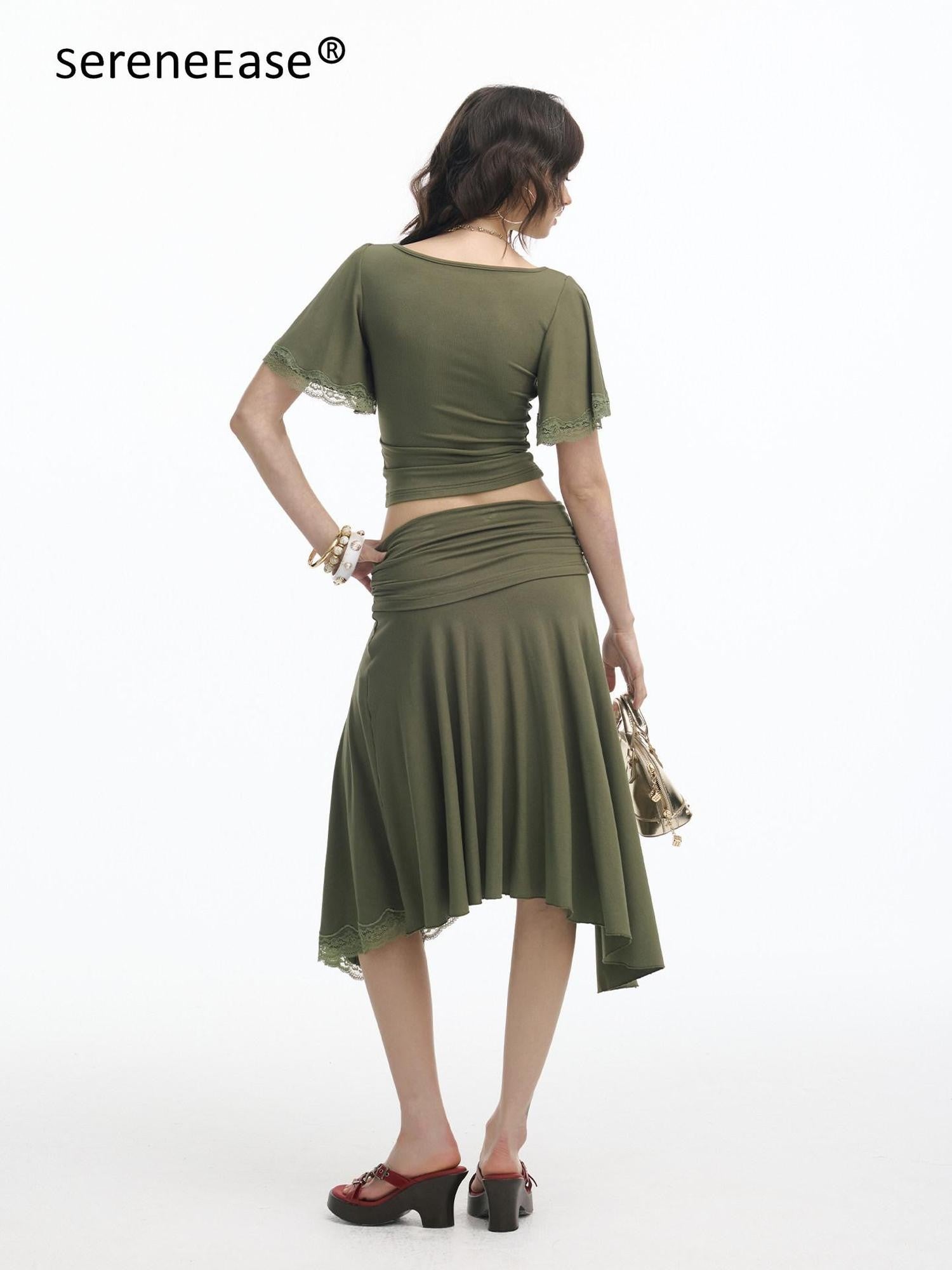 SereneEase Retro Green Lace Spliced Irregular Hem Women's Short Sleeve Matching Skirt Sets